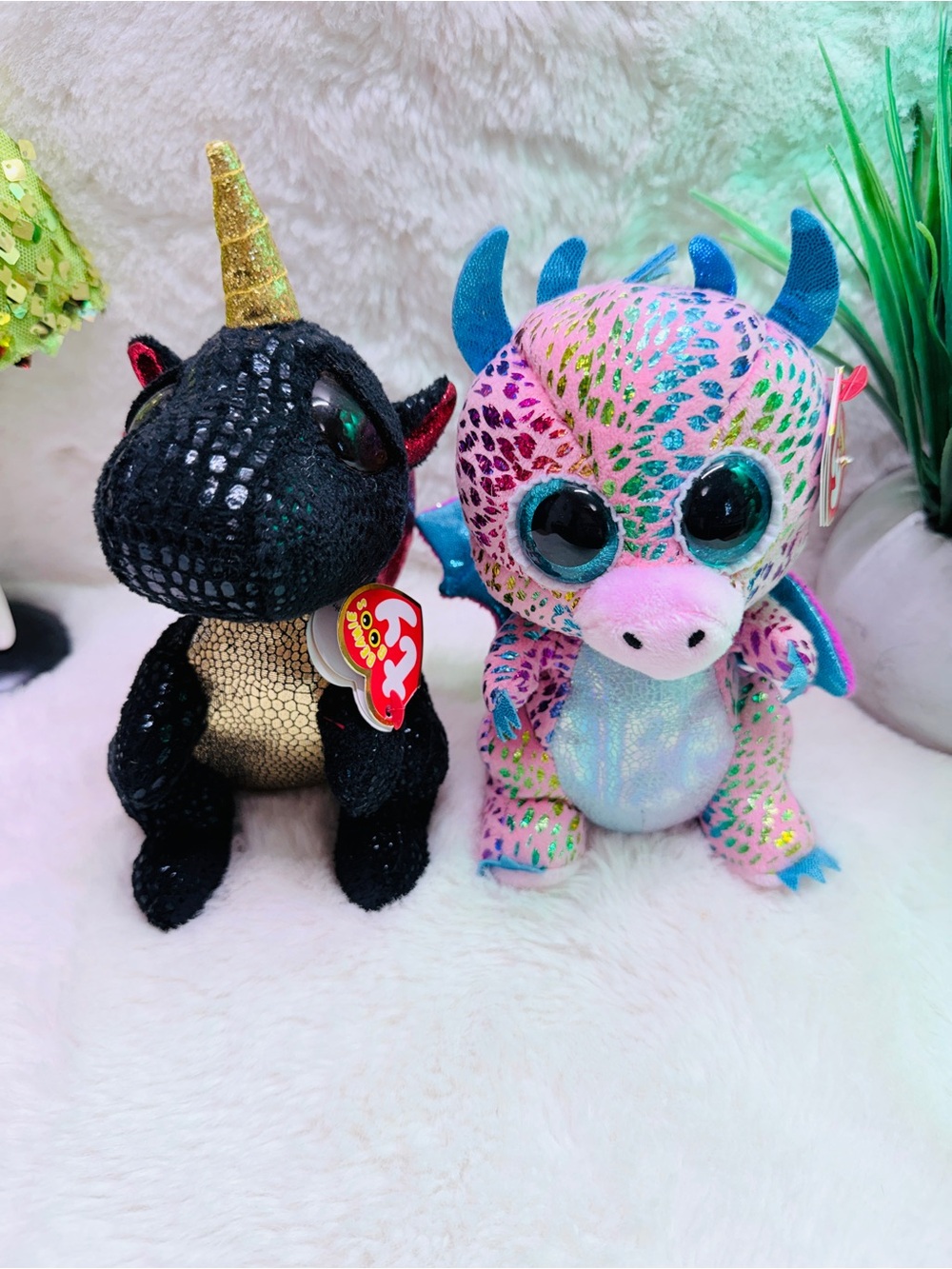 Ty Beanie Boos Black & Pink Shimmer Dragon Plush Duo